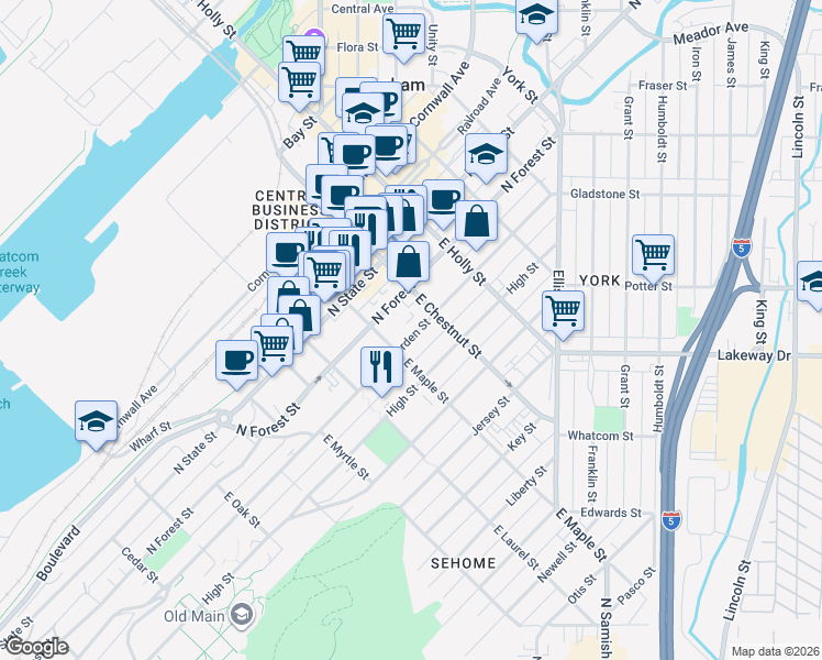 map of restaurants, bars, coffee shops, grocery stores, and more near 413 East Maple Street in Bellingham