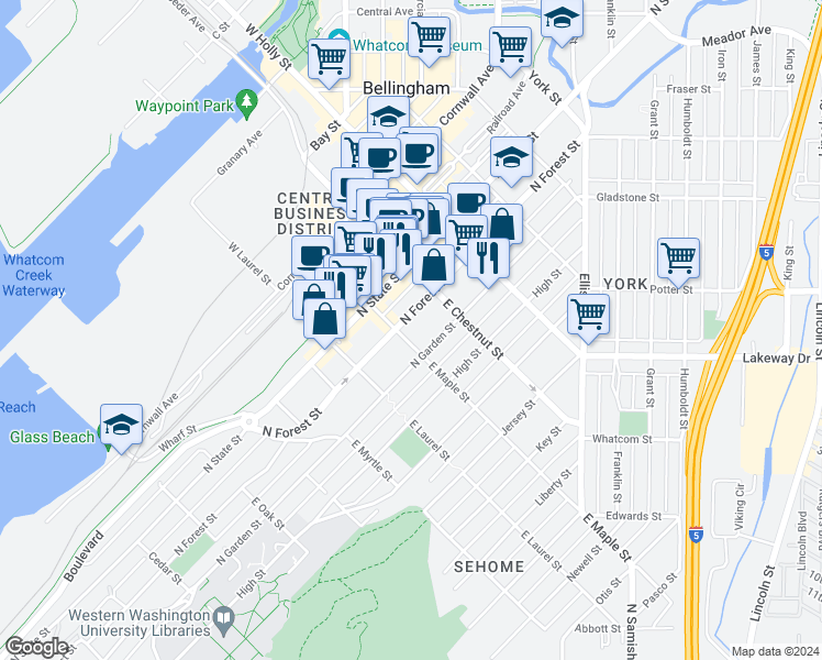 map of restaurants, bars, coffee shops, grocery stores, and more near 413 East Maple Street in Bellingham