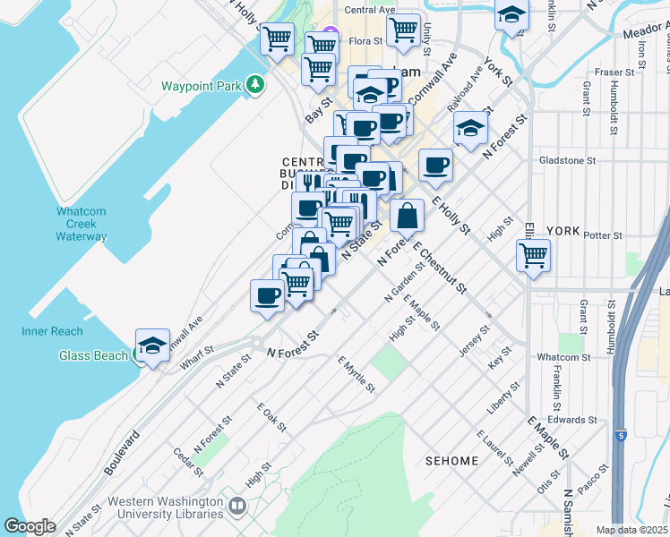 map of restaurants, bars, coffee shops, grocery stores, and more near 1020 North State Street in Bellingham