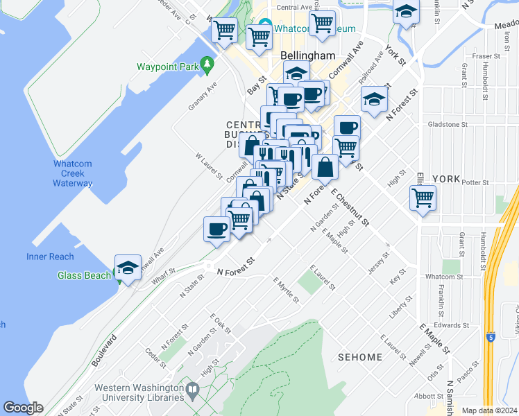 map of restaurants, bars, coffee shops, grocery stores, and more near 1020 North State Street in Bellingham
