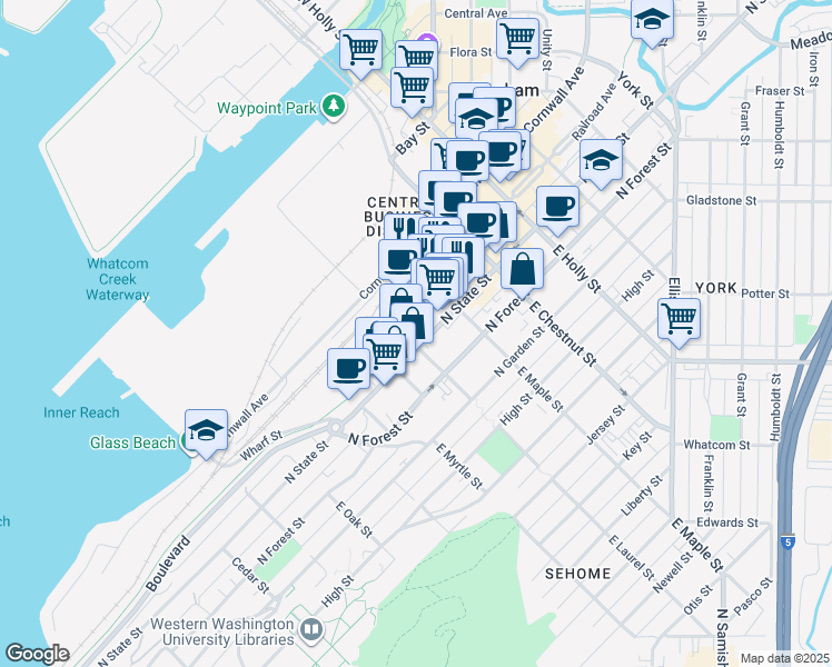 map of restaurants, bars, coffee shops, grocery stores, and more near 1001 North State Street in Bellingham