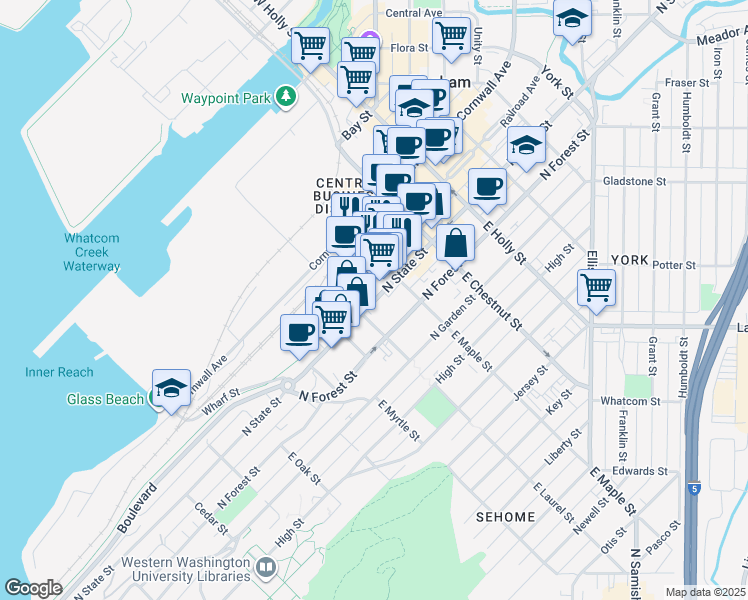 map of restaurants, bars, coffee shops, grocery stores, and more near 1023 North State Street in Bellingham