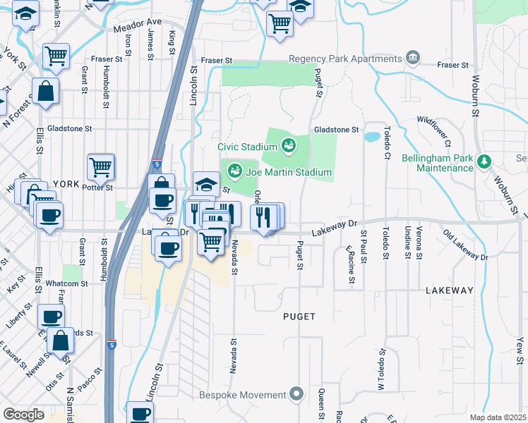 map of restaurants, bars, coffee shops, grocery stores, and more near 1346 Orleans Street in Bellingham