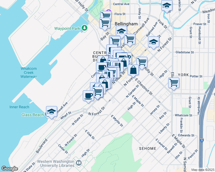 map of restaurants, bars, coffee shops, grocery stores, and more near 1015 North State Street in Bellingham