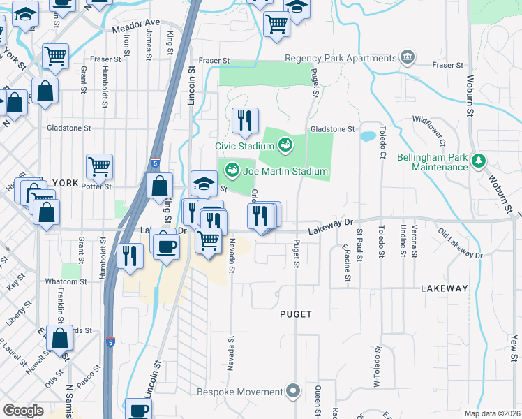 map of restaurants, bars, coffee shops, grocery stores, and more near 1362 Orleans Street in Bellingham