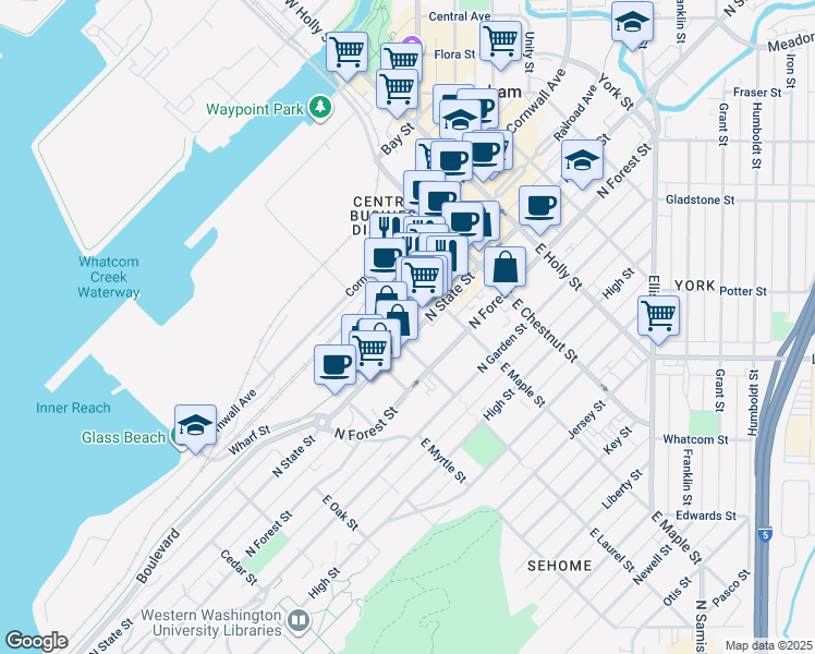 map of restaurants, bars, coffee shops, grocery stores, and more near 1015 North State Street in Bellingham