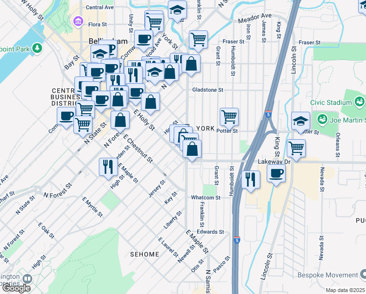 map of restaurants, bars, coffee shops, grocery stores, and more near 711 Ellis Street in Bellingham