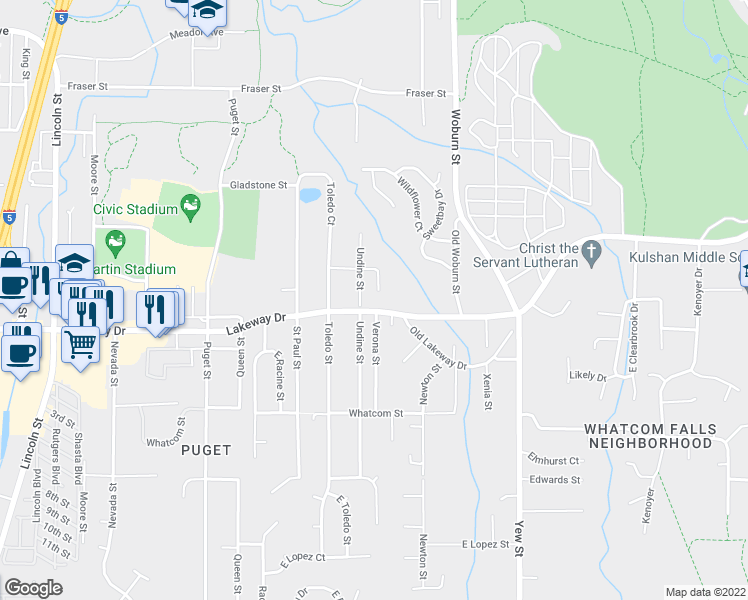 map of restaurants, bars, coffee shops, grocery stores, and more near 2064 Ponderosa Court in Bellingham