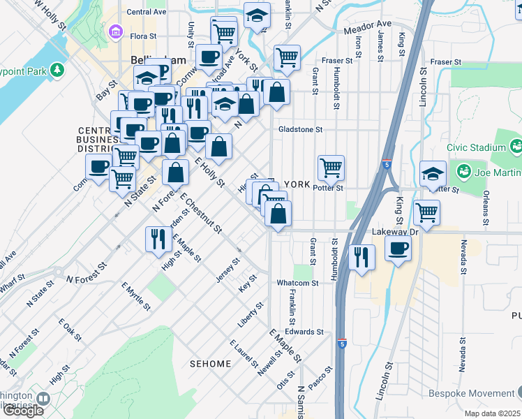 map of restaurants, bars, coffee shops, grocery stores, and more near 711 Ellis Street in Bellingham
