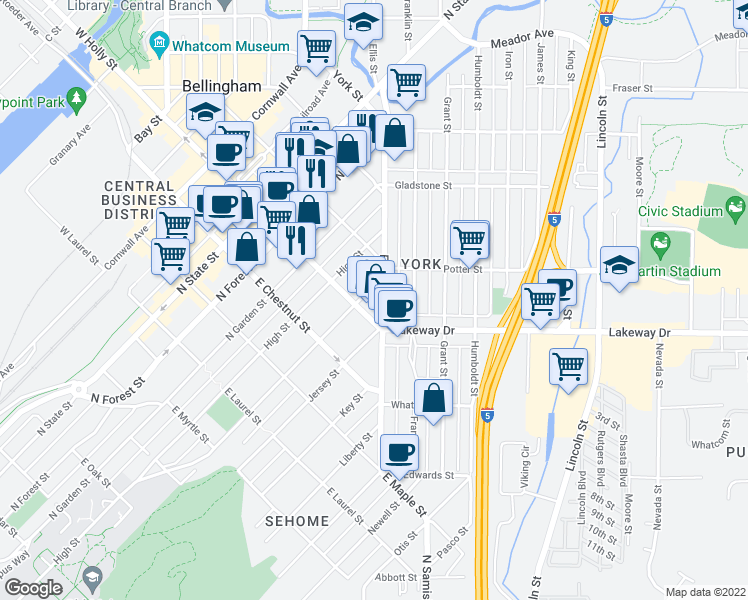 map of restaurants, bars, coffee shops, grocery stores, and more near 1310 Indian St in Bellingham