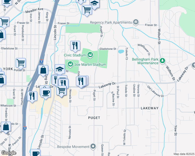 map of restaurants, bars, coffee shops, grocery stores, and more near 1318 Puget Street in Bellingham