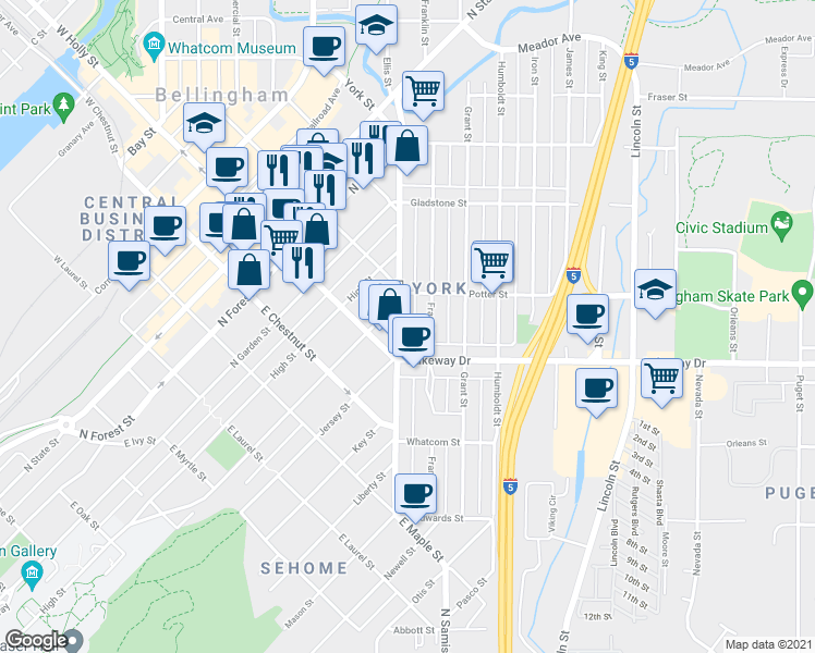 map of restaurants, bars, coffee shops, grocery stores, and more near 711 Ellis Street in Bellingham