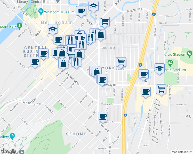 map of restaurants, bars, coffee shops, grocery stores, and more near 711 Ellis Street in Bellingham