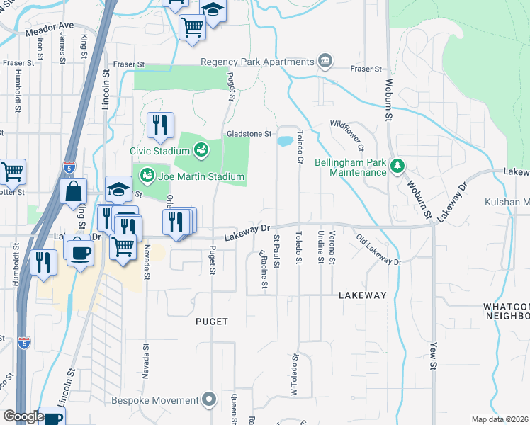 map of restaurants, bars, coffee shops, grocery stores, and more near 1721 Saint Paul Lane in Bellingham
