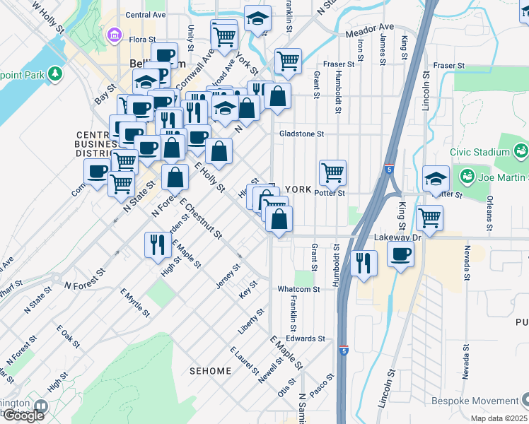 map of restaurants, bars, coffee shops, grocery stores, and more near 711 Ellis Street in Bellingham