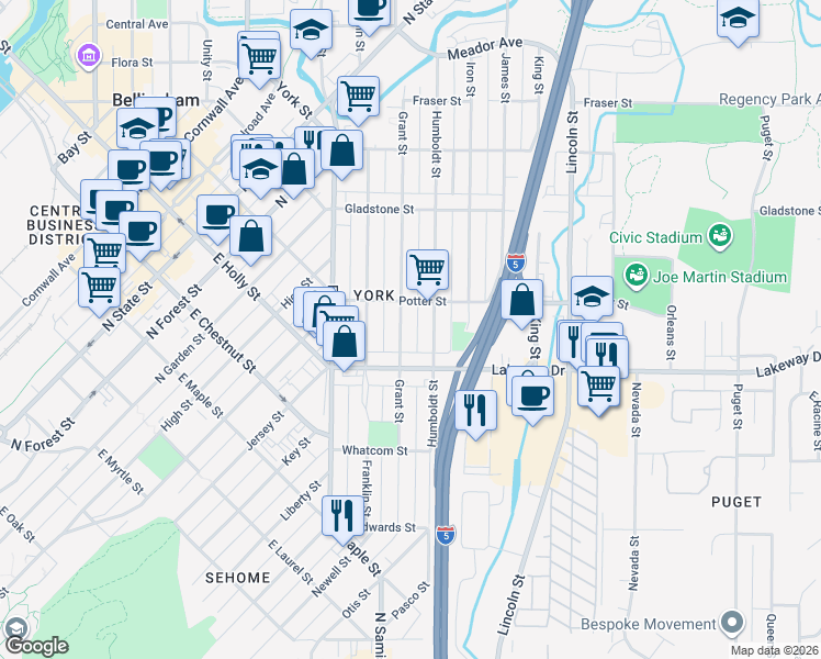 map of restaurants, bars, coffee shops, grocery stores, and more near 1310 Grant Street in Bellingham