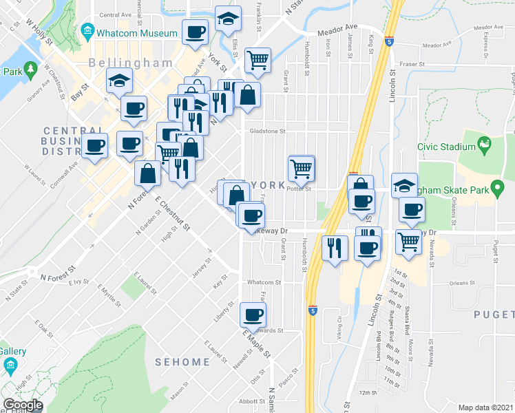 map of restaurants, bars, coffee shops, grocery stores, and more near 1311 Franklin Street in Bellingham