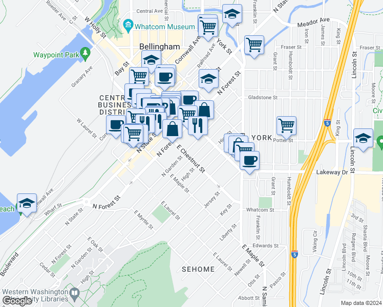 map of restaurants, bars, coffee shops, grocery stores, and more near 1124 North Garden Street in Bellingham