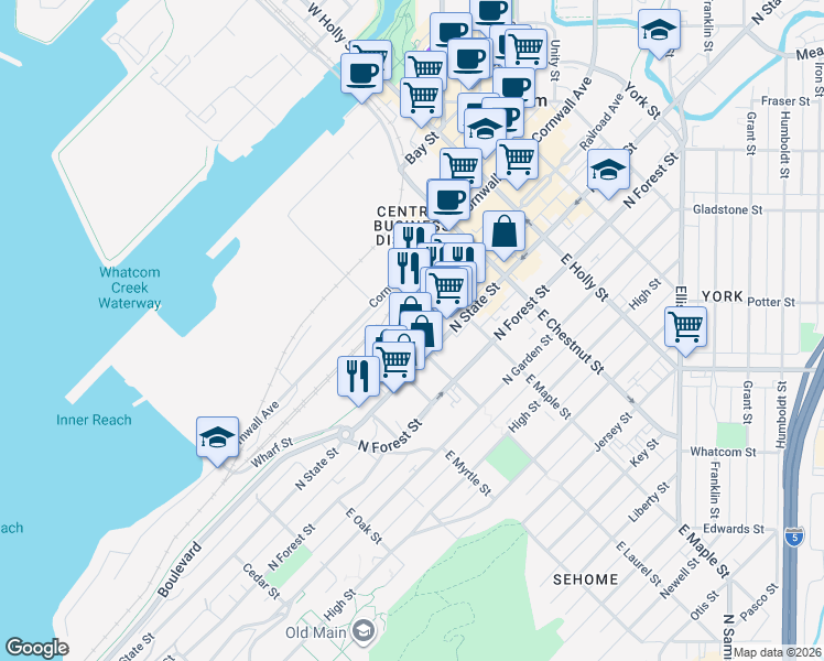 map of restaurants, bars, coffee shops, grocery stores, and more near 203 East Laurel Street in Bellingham