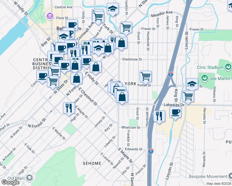 map of restaurants, bars, coffee shops, grocery stores, and more near 711 Ellis Street in Bellingham