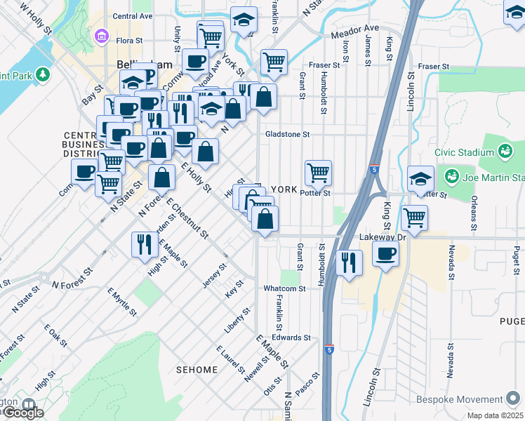 map of restaurants, bars, coffee shops, grocery stores, and more near 711 Ellis Street in Bellingham
