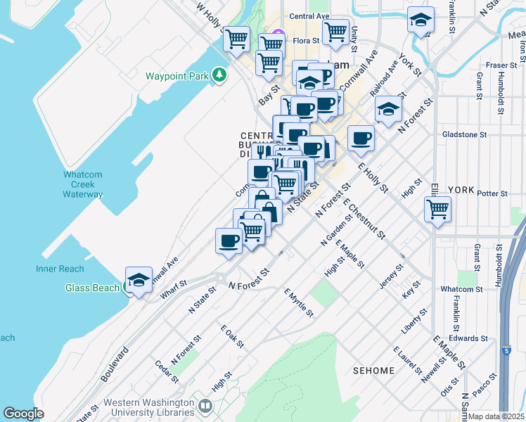 map of restaurants, bars, coffee shops, grocery stores, and more near 204 South Bay Trail in Bellingham