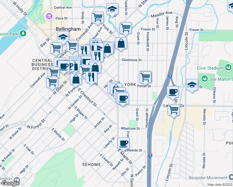 map of restaurants, bars, coffee shops, grocery stores, and more near 711 Ellis Street in Bellingham
