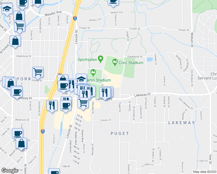 map of restaurants, bars, coffee shops, grocery stores, and more near 1318 Pacific Street in Bellingham