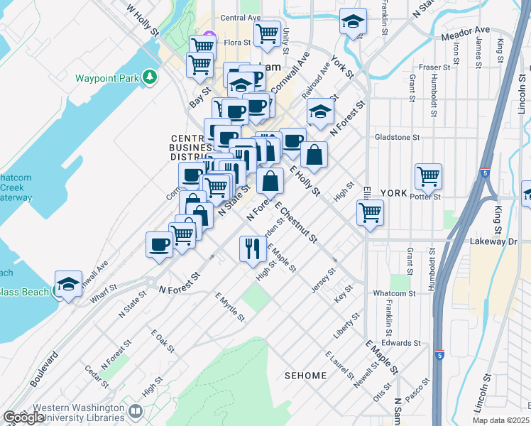 map of restaurants, bars, coffee shops, grocery stores, and more near 413 East Maple Street in Bellingham