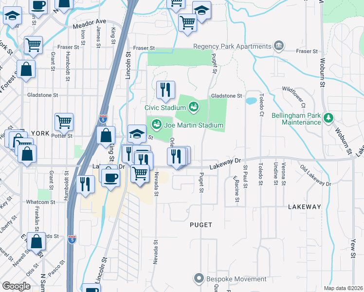 map of restaurants, bars, coffee shops, grocery stores, and more near 1343 Pacific Street in Bellingham