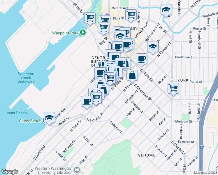 map of restaurants, bars, coffee shops, grocery stores, and more near 1031 North State Street in Bellingham