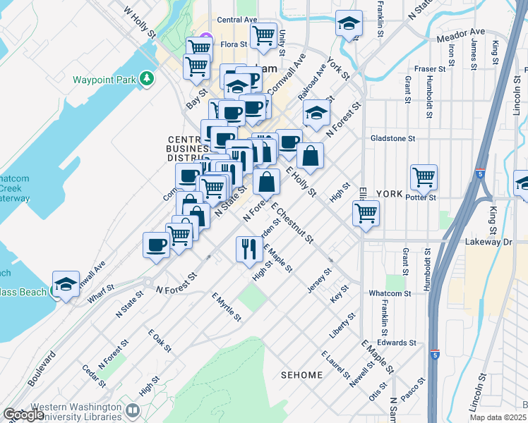 map of restaurants, bars, coffee shops, grocery stores, and more near 1120 North Forest Street in Bellingham