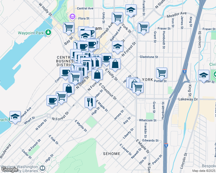 map of restaurants, bars, coffee shops, grocery stores, and more near 1124 North Garden Street in Bellingham