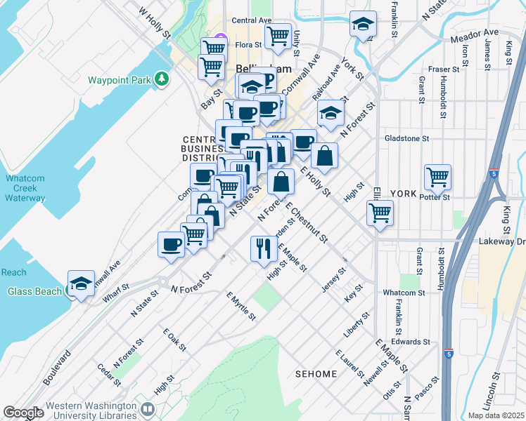 map of restaurants, bars, coffee shops, grocery stores, and more near 413 East Maple Street in Bellingham