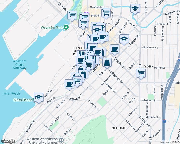 map of restaurants, bars, coffee shops, grocery stores, and more near 1051 North State Street in Bellingham