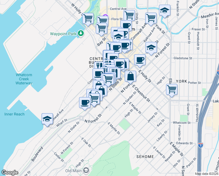 map of restaurants, bars, coffee shops, grocery stores, and more near 1051 North State Street in Bellingham