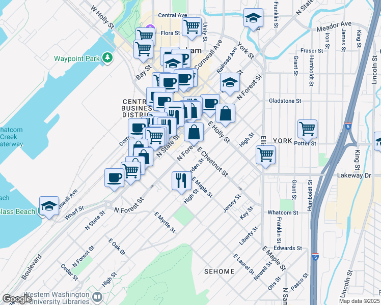 map of restaurants, bars, coffee shops, grocery stores, and more near 413 East Maple Street in Bellingham
