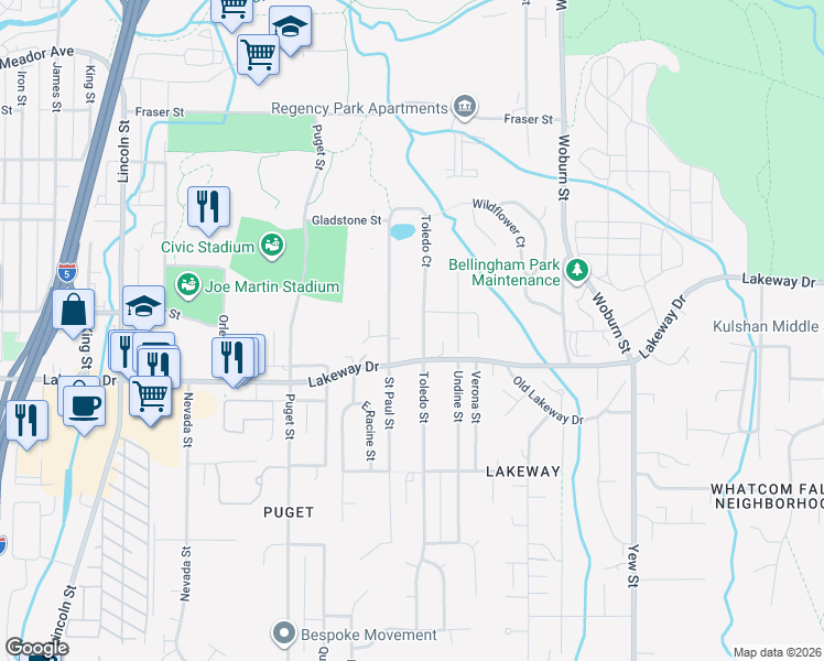 map of restaurants, bars, coffee shops, grocery stores, and more near 1807 Lakeway Drive in Bellingham