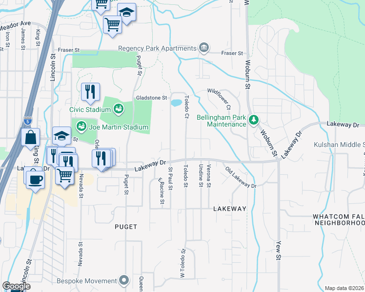 map of restaurants, bars, coffee shops, grocery stores, and more near 1321 Toledo Street in Bellingham