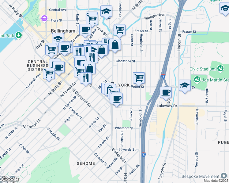 map of restaurants, bars, coffee shops, grocery stores, and more near 610 East Magnolia Street in Bellingham