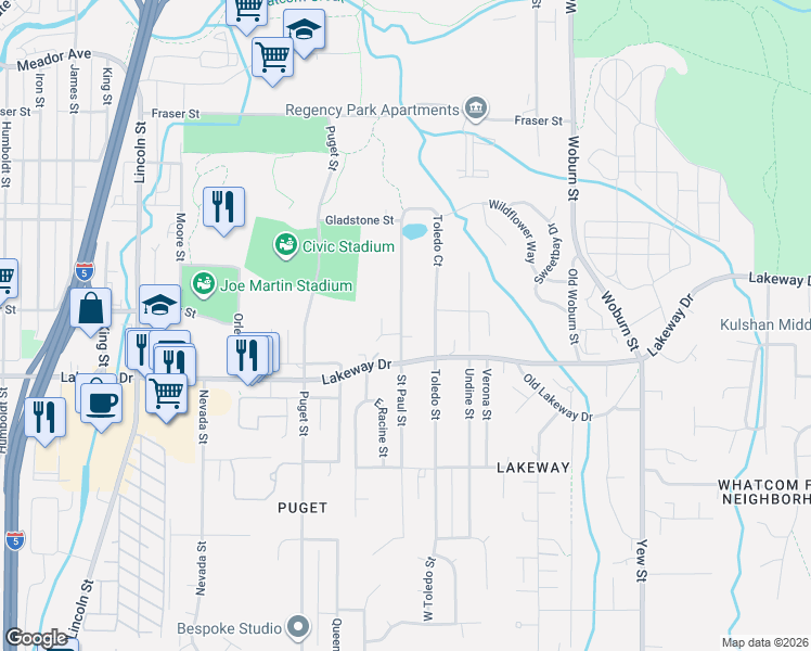 map of restaurants, bars, coffee shops, grocery stores, and more near 1335 Saint Paul Street in Bellingham