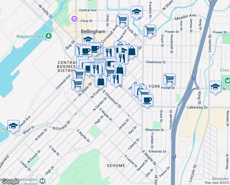 map of restaurants, bars, coffee shops, grocery stores, and more near 1212 North Garden Street in Bellingham