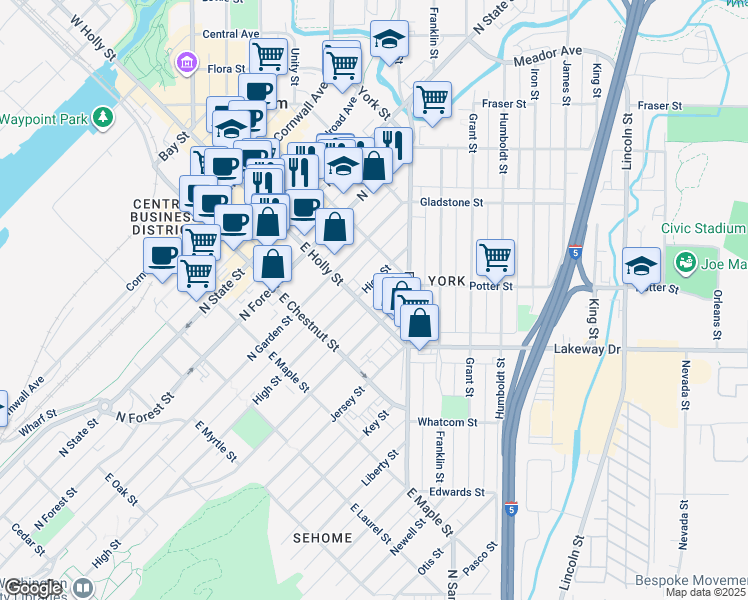 map of restaurants, bars, coffee shops, grocery stores, and more near 607 East Holly Street in Bellingham