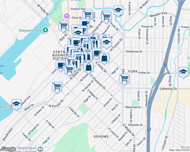 map of restaurants, bars, coffee shops, grocery stores, and more near 1220 North Forest Street in Bellingham