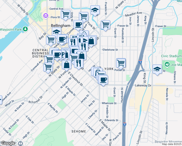 map of restaurants, bars, coffee shops, grocery stores, and more near 1315 High Street in Bellingham