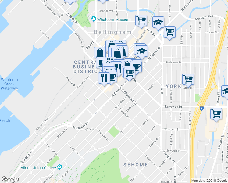 map of restaurants, bars, coffee shops, grocery stores, and more near 310 East Chestnut Street in Bellingham