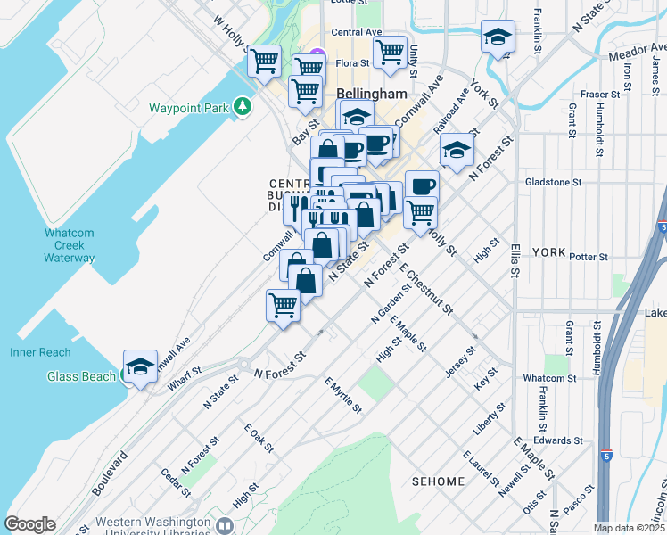 map of restaurants, bars, coffee shops, grocery stores, and more near 205 East Maple Street in Bellingham