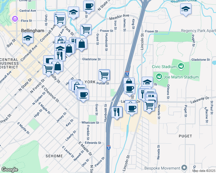 map of restaurants, bars, coffee shops, grocery stores, and more near 1408 Humboldt Street in Bellingham