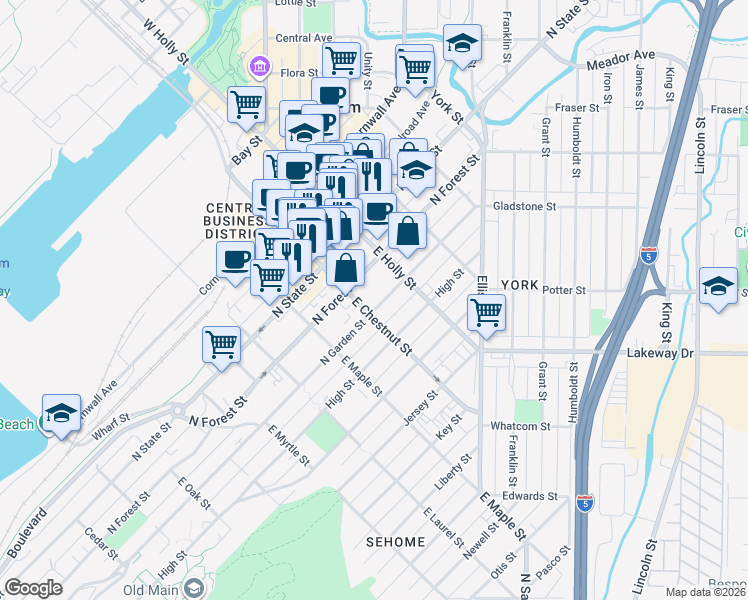 map of restaurants, bars, coffee shops, grocery stores, and more near 1220 North Forest Street in Bellingham