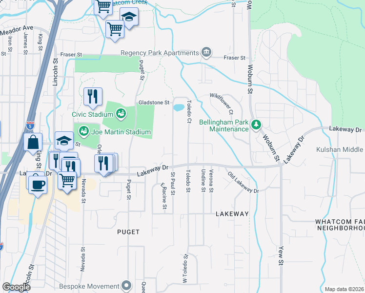 map of restaurants, bars, coffee shops, grocery stores, and more near 1401 Toledo Street in Bellingham